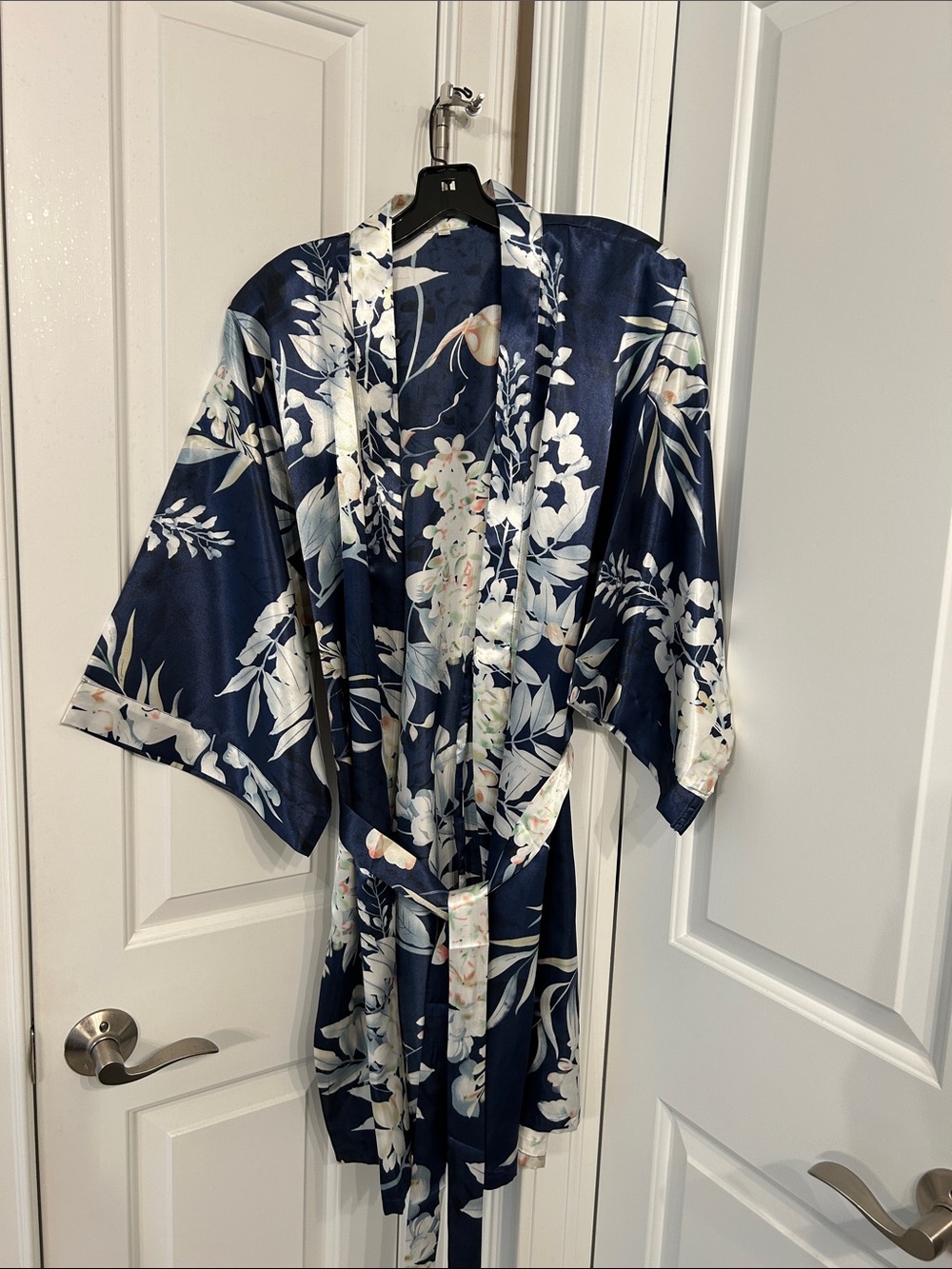 Navy Floral Satin Robe with Belt